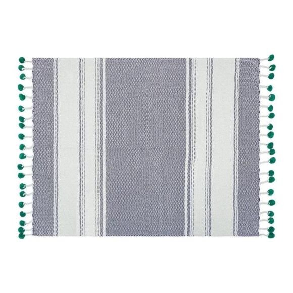 NEW Anthro Striped Blue Green Pom Pom Boho Tassel Knit Throw Blanket - 50" x 60" - Picture 4 of 11